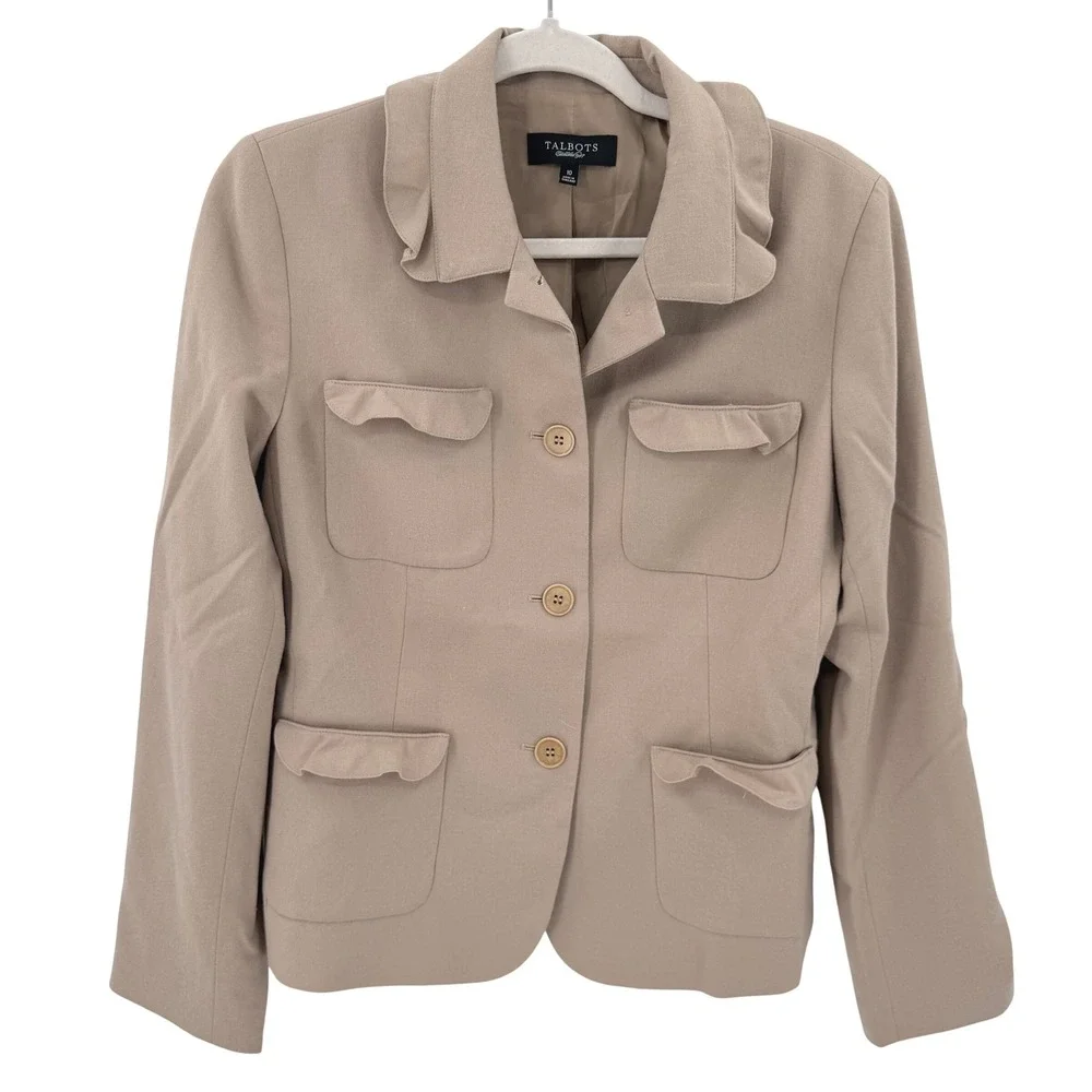Talbots Womens Tan 99% Wool Blend Ruffle Collar 4-Pocket Button Front Blazer‎ 10